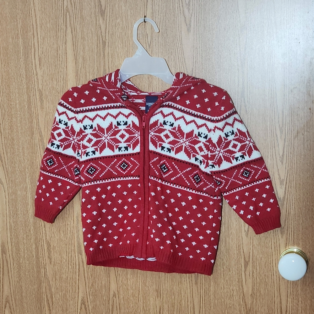 Oshkosh Kids Red, White, and Black Fair Isle Pattern Zip-Up Hoodie